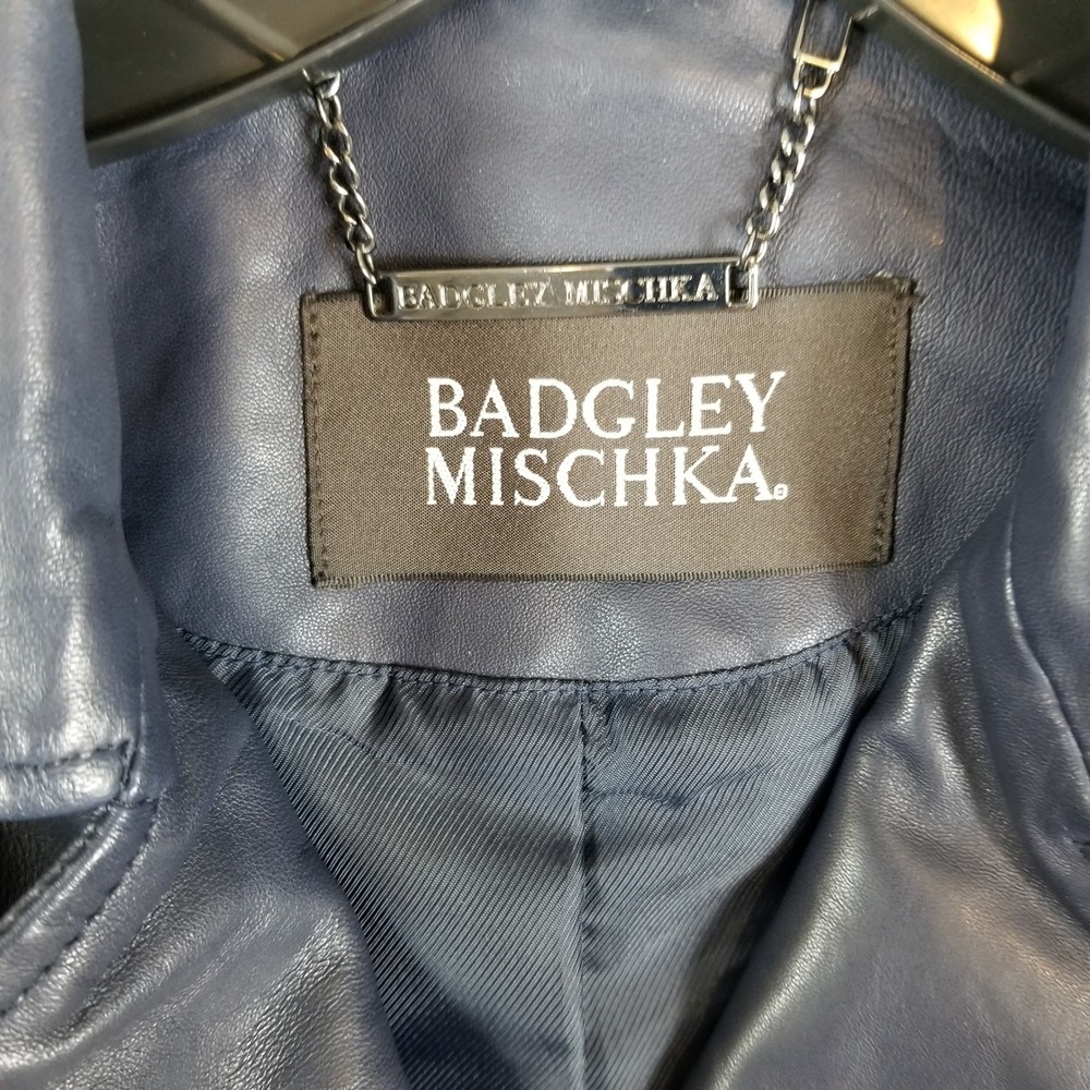 Badgley Mischka Leather‎ Moto Jacket Womens M Navy Blue Asymmetrical Zip Biker - Picture 6 of 11